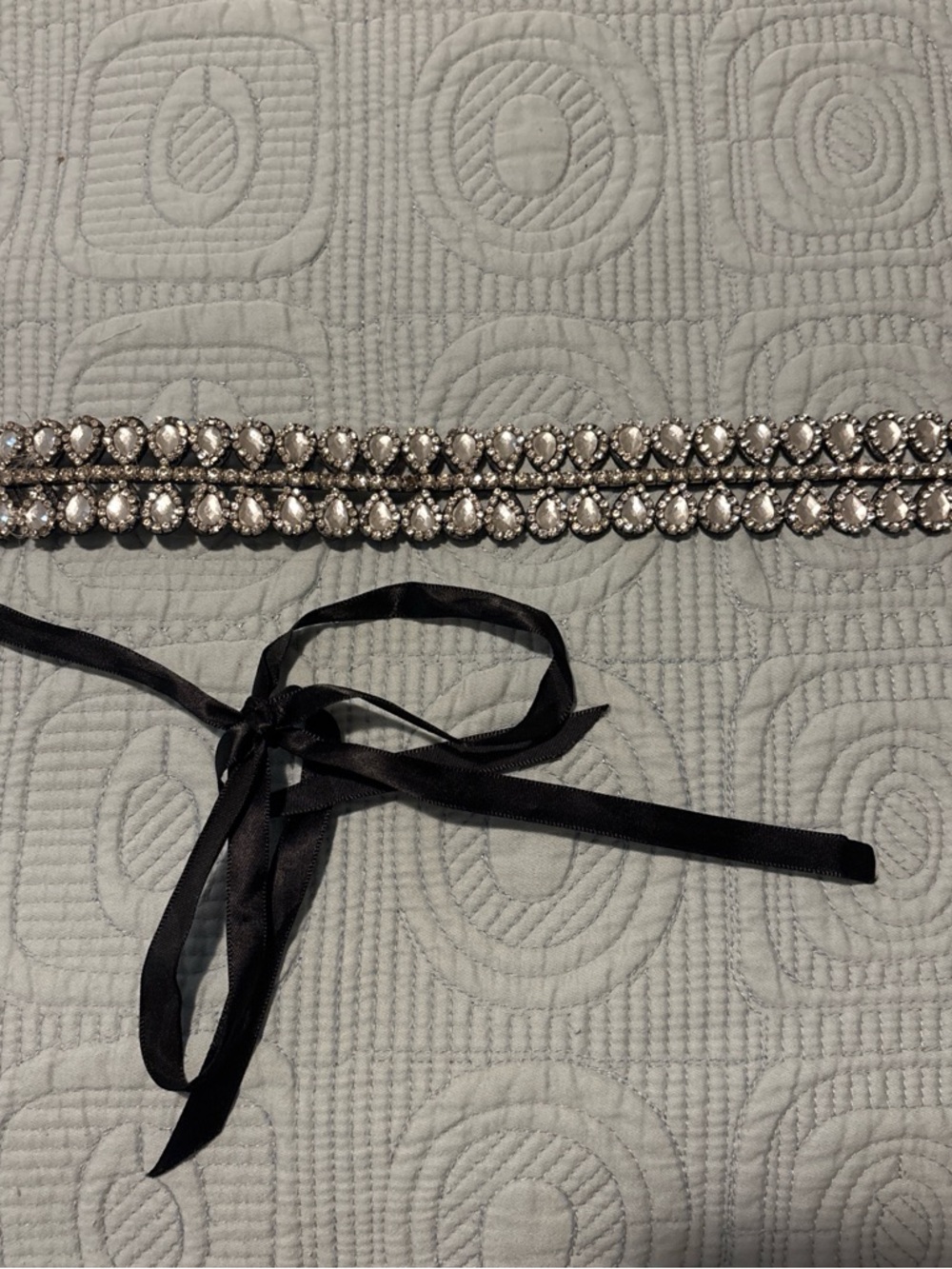 Crystal-Embellished Black Ribbon Waist Belt